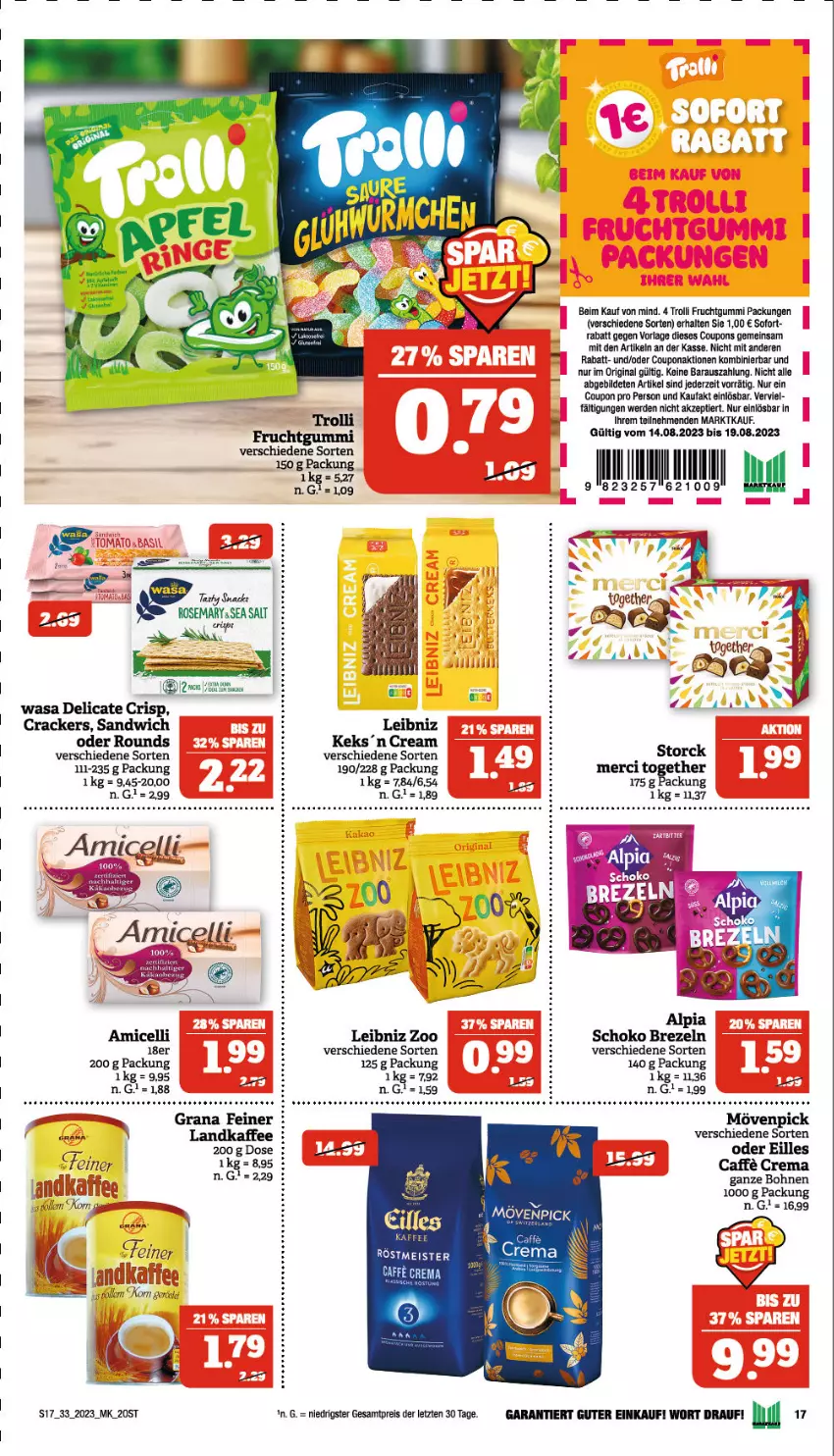 Aktueller Prospekt Marktkauf - Prospekt - von 13.08 bis 19.08.2023 - strona 17 - produkty: alpia, amicelli, bohne, bohnen, brezel, Brezeln, caffe, coupon, coupons, cracker, eis, erde, frucht, fruchtgummi, gin, grana, kaffee, keks, leibniz, Meister, merci, mövenpick, ndk, Rana, reis, sandwich, schoko, snack, storck, Ti, trolli, trolli fruchtgummi, wasa, ZTE