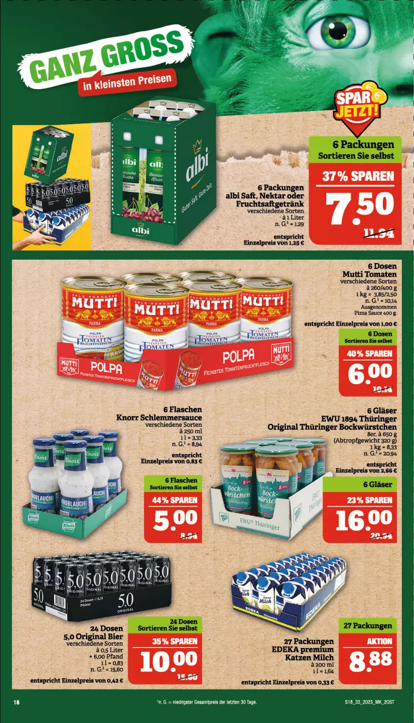 Aktueller Prospekt Marktkauf - Prospekt - von 13.08 bis 19.08.2023 - strona 18 - produkty: bier, deka, eis, flasche, frucht, fruchtsaft, fruchtsaftgetränk, getränk, gin, Gläser, knorr, milch, Mutti, Nektar, original thüringer, pils, pizza, reis, ring, saft, sauce, schlemmersauce, Ti, Tiere, tomate, tomaten, würstchen, ZTE