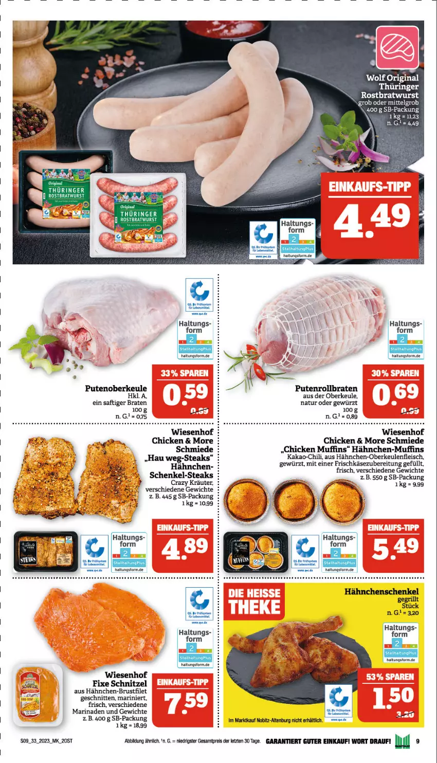 Aktueller Prospekt Marktkauf - Prospekt - von 13.08 bis 19.08.2023 - strona 9 - produkty: braten, bratwurst, brustfilet, chili, eis, filet, fleisch, frischkäse, frischkäsezubereitung, gewürz, gin, hähnchen-brustfilet, Hähnchen-Oberkeulen, henkel, kakao, Käse, kräuter, LG, marinade, Muffin, muffins, natur, pute, Putenoberkeule, Putenrollbraten, reis, ring, rollbraten, rostbratwurst, saft, schenkel, schnitten, schnitzel, steak, steaks, tee, Ti, wiesenhof, wurst, ZTE