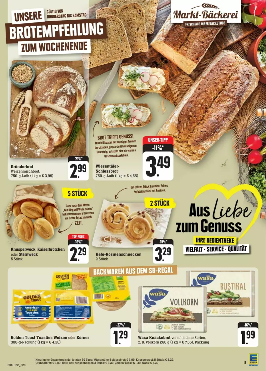 Aktueller Prospekt Edeka - Prospekte - von 20.01 bis 27.01.2024 - strona 15 - produkty: asti, auer, brot, brötchen, eis, golden toast, Hefe, Kaiser, knäckebrot, korn, mac, nuss, reis, Rosinenschnecke, rwe, Ti, toast, wasa, weck, weizenmischbrot, ZTE