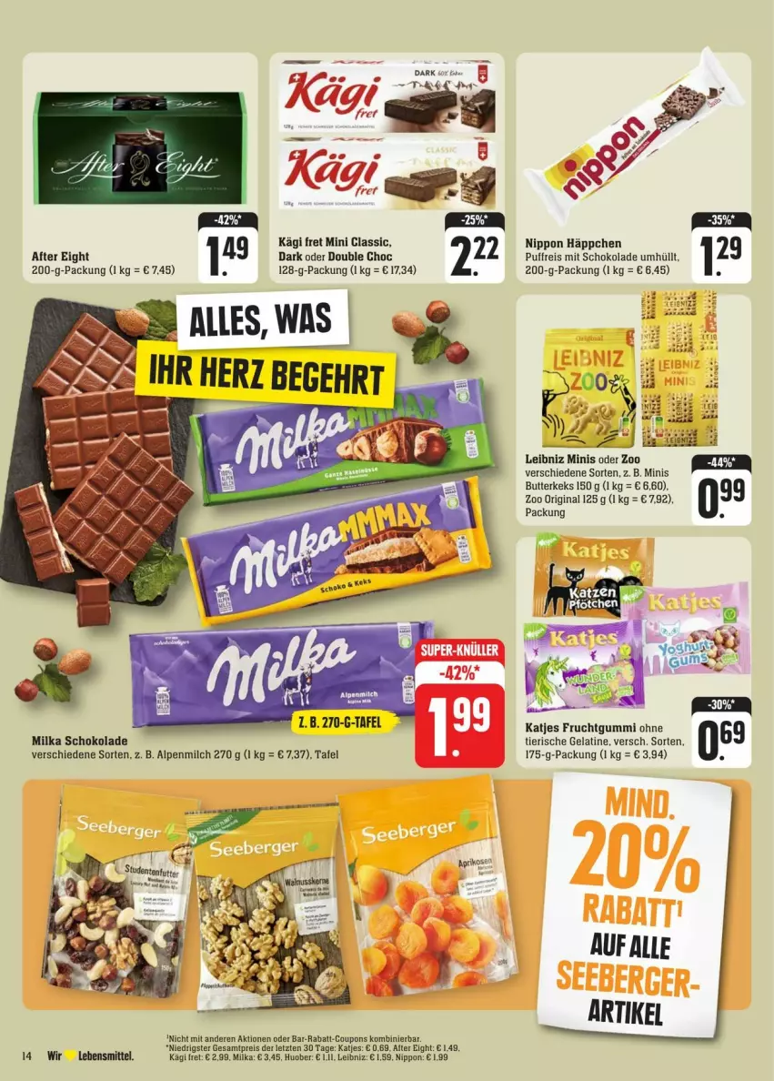 Aktueller Prospekt Edeka - Prospekte - von 20.01 bis 27.01.2024 - strona 18 - produkty: after eight, alpenmilch, aprikose, aprikosen, butter, butterkeks, coupon, coupons, eier, eis, frucht, fruchtgummi, gelatine, gin, huober, Kägi, katjes, keks, lebensmittel, leibniz, milch, milka, milka schokolade, nippon, rabatt-coupon, reis, schoko, schokolade, Ti, ZTE