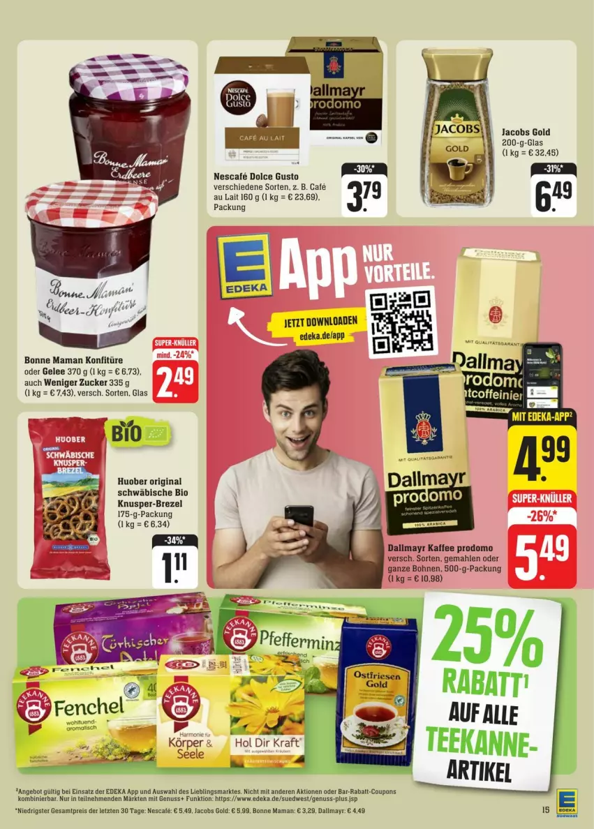 Aktueller Prospekt Edeka - Prospekte - von 20.01 bis 27.01.2024 - strona 19 - produkty: angebot, bio, bohne, bohnen, bonne maman, brezel, coupon, coupons, dallmayr, deka, dolce gusto, eis, gelee, gin, huober, jacobs, Jacobs Gold, kaffee, konfitüre, kraft, mam, nescafe, nuss, prodomo, rabatt-coupon, reis, tee, teekanne, Ti, ZTE, zucker