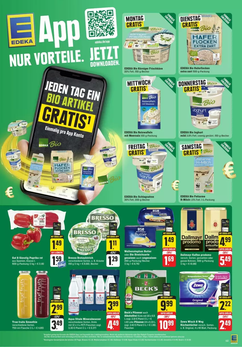 Aktueller Prospekt Edeka - Prospekte - von 20.01 bis 27.01.2024 - strona 2 - produkty: ACC, aufstrich, Becher, becks, bio, bresso, brot, brotaufstrich, butter, dallmayr, deka, edeka bio, eis, eiswaffeln, hafer, haferflocken, joghur, joghurt, joghurt mild, kaffee, küche, Küchen, küchentücher, meersalz, paprika, paprika rot, prodomo, reis, Reiswaffeln, sahne, salz, schlagsahne, smoothie, tee, Ti, Tiere, true fruits, tücher, waffeln, weihenstephan