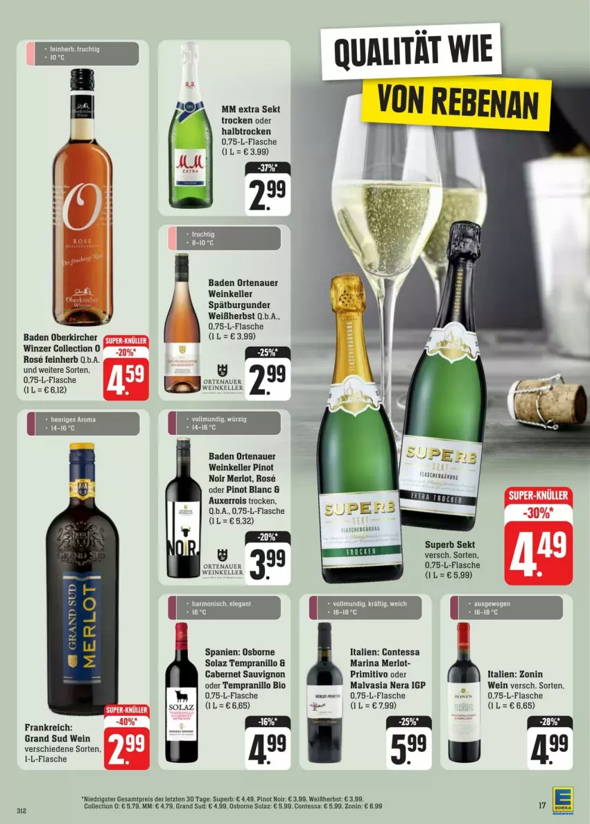 Aktueller Prospekt Edeka - Prospekte - von 20.01 bis 27.01.2024 - strona 23 - produkty: auer, Bad, bio, burgunder, cabernet, cabernet sauvignon, eis, elle, flasche, grand sud, merl, merlot, mm extra, olaz, ortenauer, osborne, Pinot, pinot noir, primitivo, reis, sauvignon, sekt, spätburgunder, tempranillo, Ti, wein, zonin, ZTE