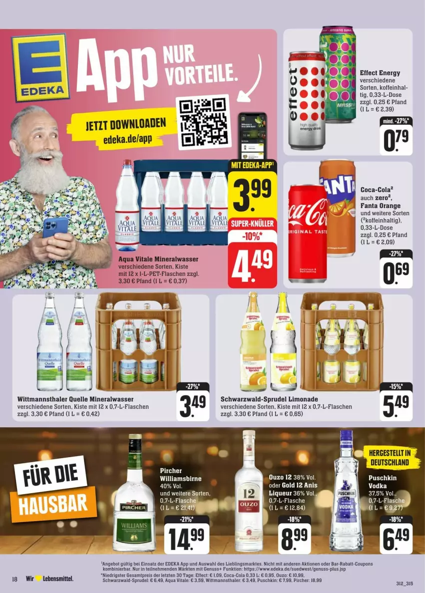 Aktueller Prospekt Edeka - Prospekte - von 20.01 bis 27.01.2024 - strona 24 - produkty: Alwa, angebot, aqua, coca-cola, cola, coupon, coupons, deka, Effect, eis, elle, fanta, flasche, lebensmittel, limo, limonade, liqueur, mineralwasser, nuss, orange, ouzo, ouzo 12, pet-flasche, pet-flaschen, pircher, rabatt-coupon, reis, Sprudel, Ti, vita, wasser, ZTE