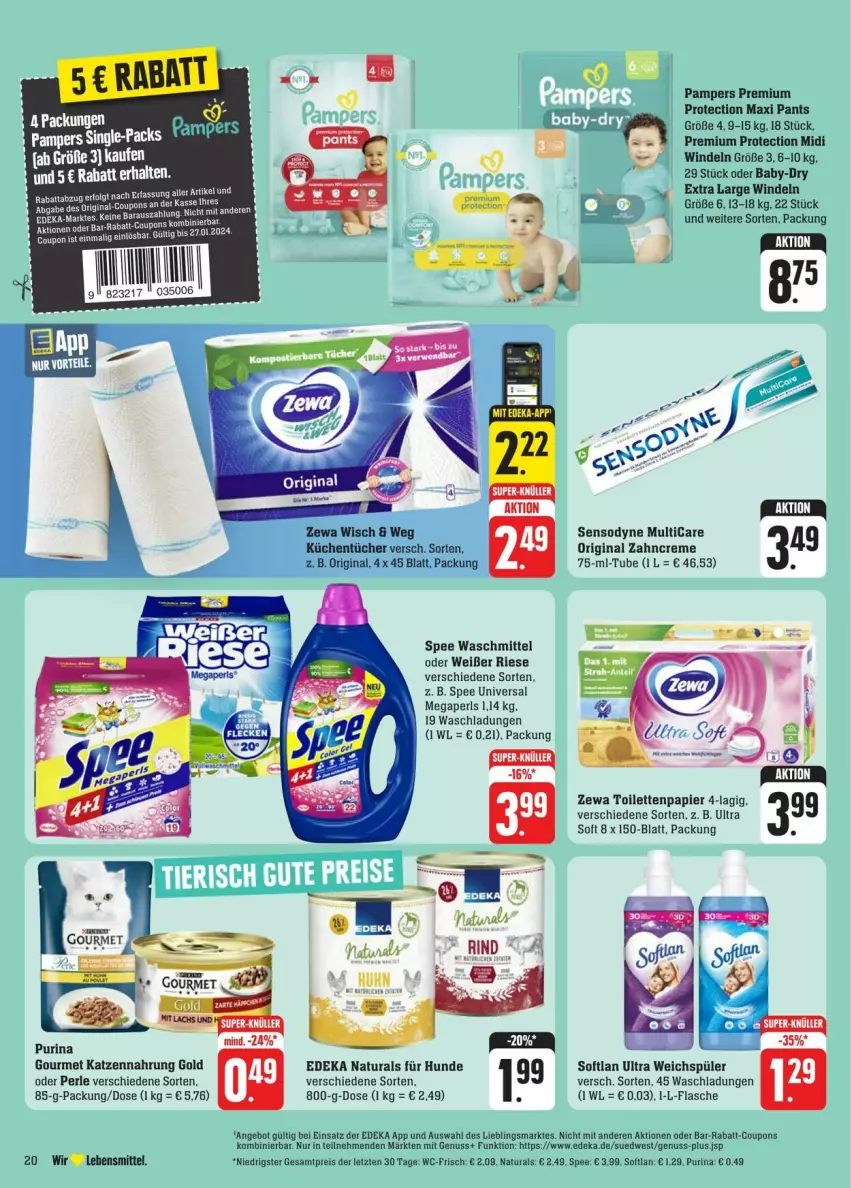 Aktueller Prospekt Edeka - Prospekte - von 20.01 bis 27.01.2024 - strona 26 - produkty: angebot, baby-dry, coupon, coupons, creme, deka, eis, flasche, gin, katzennahrung, küche, Küchen, küchentücher, lebensmittel, LG, megaperls, natur, natura, nuss, pampers, Pants, papier, purina, rabatt-coupon, reis, sensodyne, Softlan, spee, Ti, toilettenpapier, tücher, universal megaperls, waschmittel, weichspüler, windeln, zahncreme, zewa, ZTE