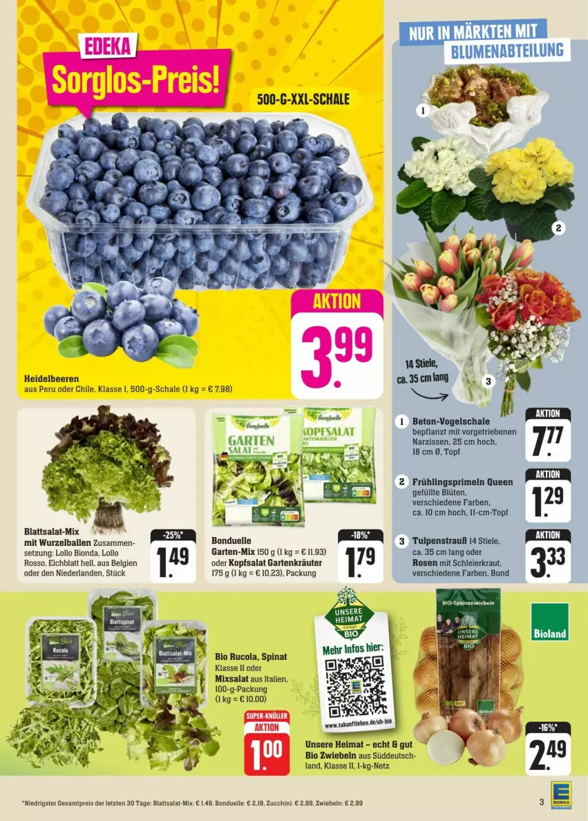 Aktueller Prospekt Edeka - Prospekte - von 20.01 bis 27.01.2024 - strona 5 - produkty: Abtei, ball, beere, beeren, bio, bioland, blume, blumen, Blüte, bonduelle, cola, eier, eis, elle, Garten, heidelbeere, heidelbeeren, kopfsalat, Kraut, kräuter, LG, Narzissen, Primeln, reis, rosen, rucola, salat, Schal, Schale, spinat, Ti, topf, ZTE, zucchini, zwiebel, zwiebeln