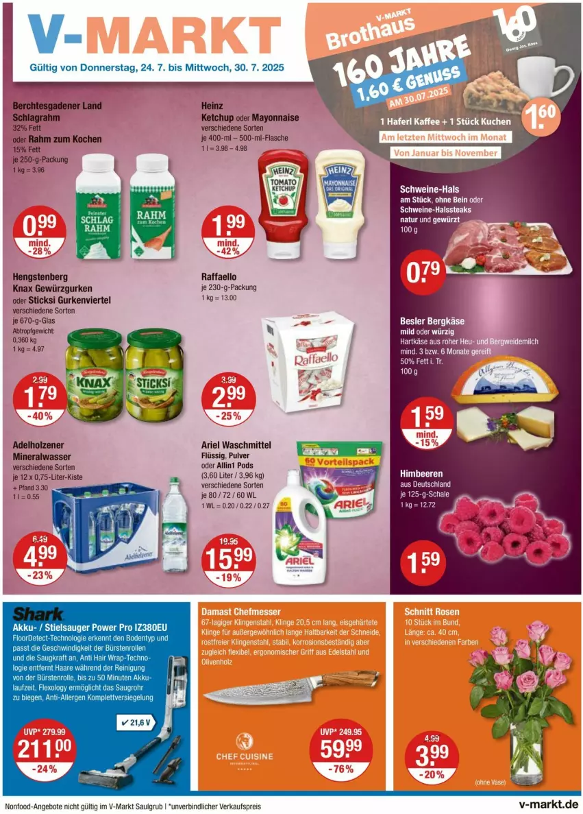 Aktueller Prospekt Vmarkt - Prospekte - von 24.07 bis 30.07.2025 - strona 1 - produkty: adelholzener, akku, Alwa, angebot, angebote, ariel, ariel waschmittel, Bad, eis, flasche, gewürz, Gewürzgurke, gewürzgurken, gurke, gurken, hengstenberg, Holz, je 250-g-packung, ketchup, LG, mayonnaise, mineralwasser, natur, Pods, raffaello, reis, schwein, schweine, steak, steaks, Stielsauger, Ti, waschmittel, wasser, wein, weine, Yo