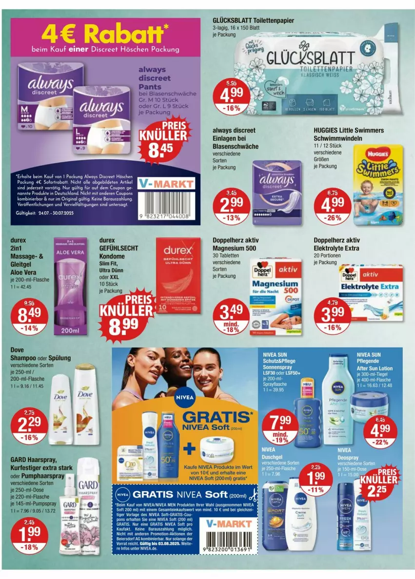 Aktueller Prospekt Vmarkt - Prospekte - von 24.07 bis 30.07.2025 - strona 10 - produkty: Alwa, Always, Discreet, doppelherz, dove, Durex, eis, Elektro, flasche, Huggies, Kondome, magnesium, Pants, papier, shampoo, shampoo oder spülung, spülung, tablet, tablett, Tablette, Ti, toilettenpapier, windeln