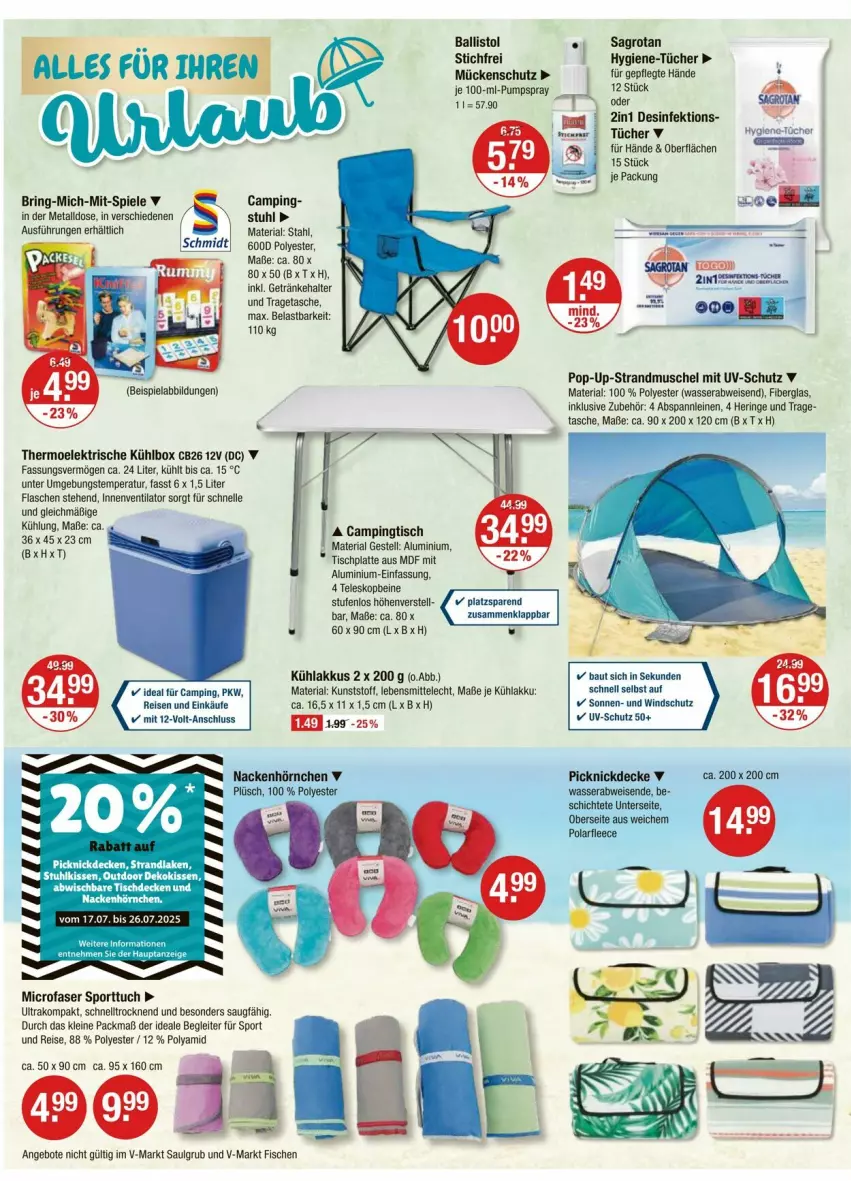 Aktueller Prospekt Vmarkt - Prospekte - von 24.07 bis 30.07.2025 - strona 12 - produkty: akku, angebot, angebote, ball, Bau, Campingtisch, decke, Desinfektion, eis, elle, fisch, fische, flasche, getränk, getränke, getränkehalter, hering, hörnchen, HP, kühlakku, kühlakkus, kühlbox, latte, leine, LG, picknickdecke, Plüsch, reis, Ria, ring, sagrotan, Spiele, Sport, strandlaken, stuhl, Tasche, Teleskop, Ti, tisch, tischdecke, tischplatte, tragetasche, tuc, tücher, uv-schutz, ventilator, wasser, Windschutz