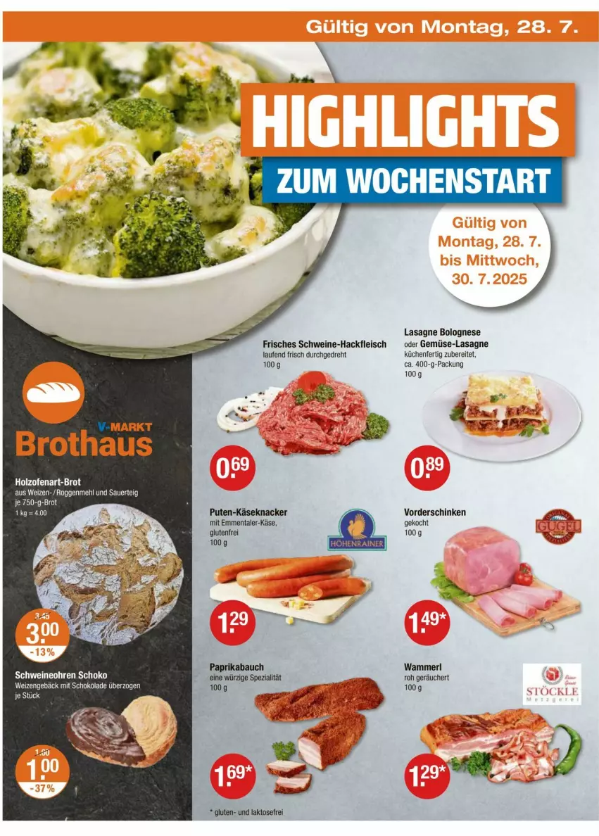 Aktueller Prospekt Vmarkt - Prospekte - von 24.07 bis 30.07.2025 - strona 18 - produkty: auer, Bau, bolognese, brot, eis, emmentaler, fleisch, hackfleisch, Holz, Käse, knacker, küche, Küchen, lasagne, Laufen, mehl, merl, Ofen, paprika, pute, schinken, schoko, schokolade, schwein, schweine, Ti, wein, weine