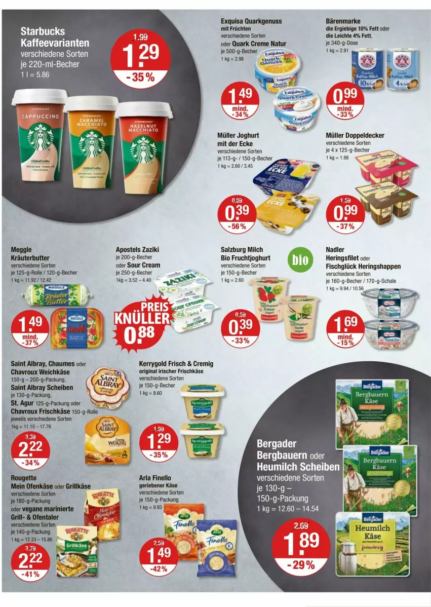 Aktueller Prospekt Vmarkt - Prospekte - von 24.07 bis 30.07.2025 - strona 6 - produkty: albray, apostels, arla, auer, bärenmarke, Bau, Bauer, Becher, bergader, bio, butter, chaumes, chavroux, creme, decke, exquisa, filet, finello, fisch, frischkäse, frucht, früchte, früchten, fruchtjoghurt, gin, hering, Herings, Heringshappen, joghur, joghurt, joghurt mit der ecke, kaffee, Käse, kerrygold, kräuter, kräuterbutter, meggle, milch, Müller, nadler, natur, nuss, quark, Ria, ring, saint albray, salz, Schal, Schale, sour cream, weichkäse, zaziki