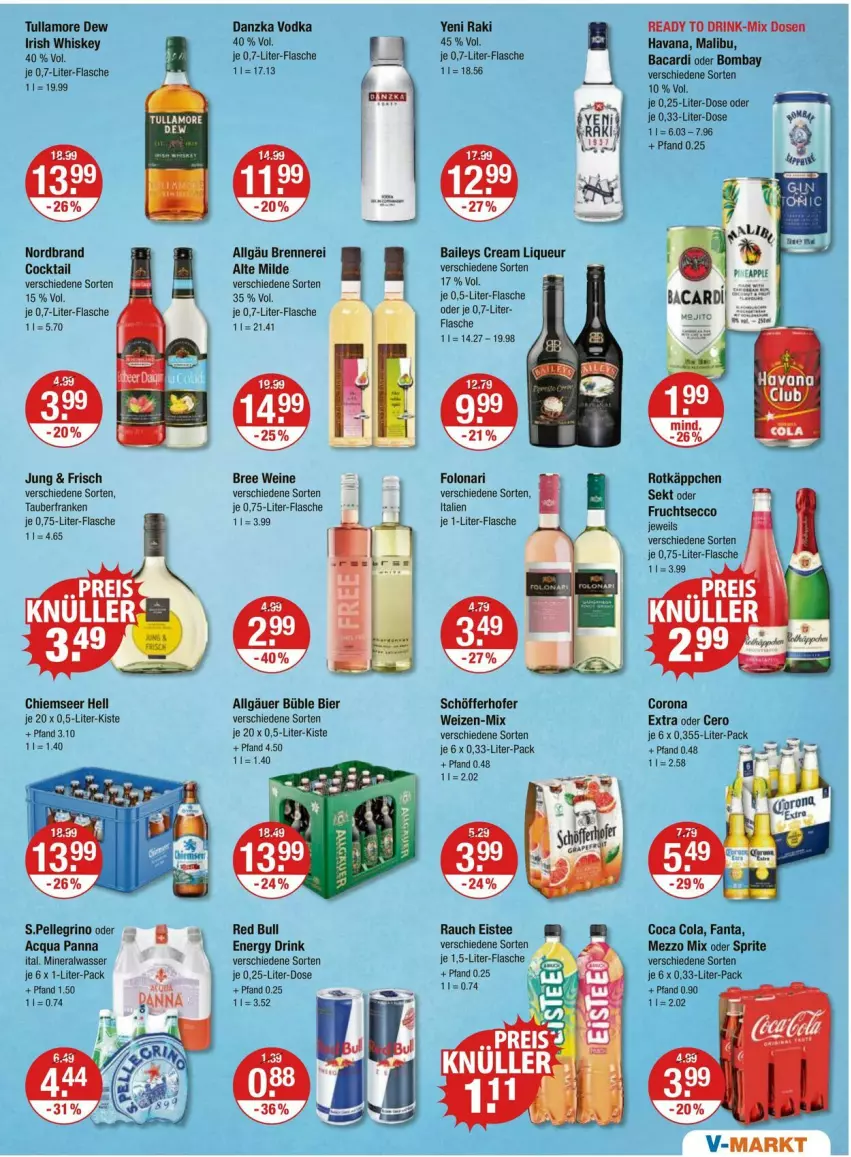 Aktueller Prospekt Vmarkt - Prospekte - von 24.07 bis 30.07.2025 - strona 9 - produkty: Alwa, bacardi, baileys, bier, bree, cocktail, cola, corona, corona extra, drink, ecco, eis, eistee, elle, energy drink, fanta, flasche, frucht, fruchtsecco, irish whiskey, je 1-liter-flasche, LG, liqueur, Malibu, Mezzo Mix, mineralwasser, nordbrand, oder sprite, Rauch, red bull, rotkäppchen, schöfferhofer, sekt, sprite, tee, Ti, tullamore, tullamore dew, vodka, wasser, wein, weine, whiskey, yeni raki