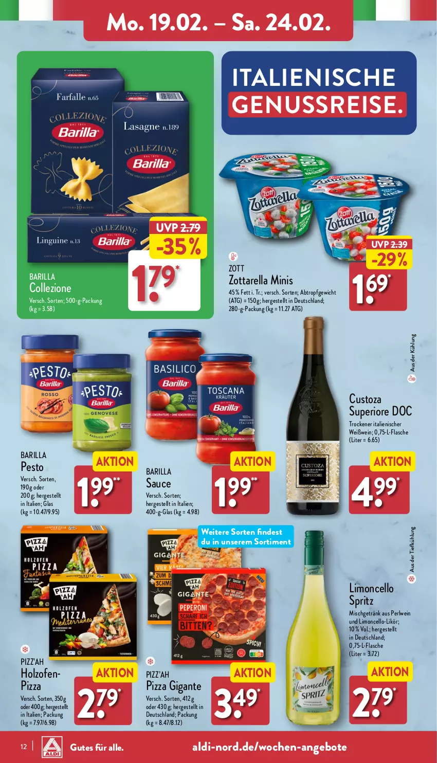 Aktueller Prospekt Aldi Nord - Von Montag - von 19.02 bis 24.02.2024 - strona 12 - produkty: aldi, angebot, angebote, aus der tiefkühlung, barilla, eis, flasche, getränk, Holz, likör, limo, nuss, Ofen, pesto, pizza, reis, rel, sauce, Ti, wein, Weißwein, zott, zottarella, zottarella minis