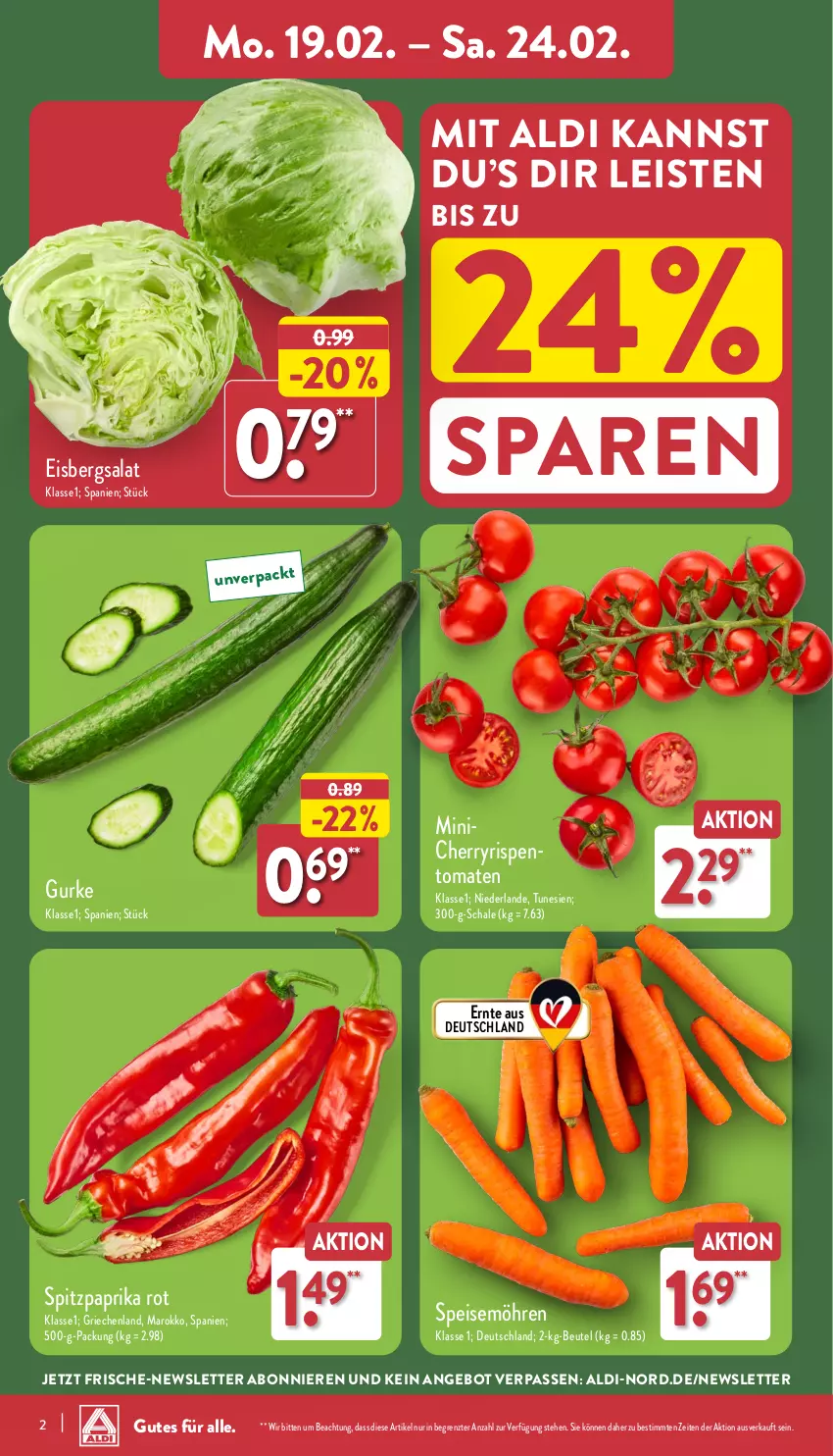 Aktueller Prospekt Aldi Nord - Von Montag - von 19.02 bis 24.02.2024 - strona 2 - produkty: aldi, angebot, beutel, eis, eisbergsalat, gurke, möhren, paprika, paprika rot, rispentomaten, salat, Schal, Schale, speisemöhren, Spitzpaprika, Ti, tomate, tomaten, ZTE