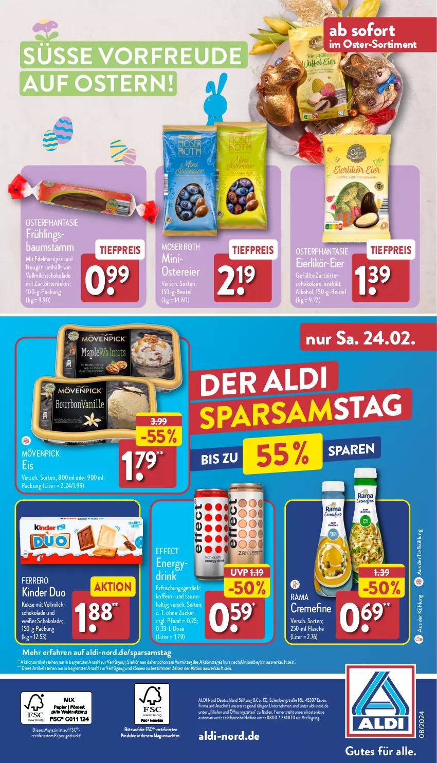 Aktueller Prospekt Aldi Nord - Von Montag - von 19.02 bis 24.02.2024 - strona 40 - produkty: aldi, alkohol, aus der tiefkühlung, auto, Bau, beutel, creme, drink, Edelmarzipan, Effect, eier, eierlikör, eis, erde, erfrischungsgetränk, ferrero, flasche, getränk, gin, keks, kekse, Kinder, likör, magazin, marzipan, milch, moser, Moser Roth, mövenpick, papier, rama, rama cremefine, reis, schoko, schokolade, telefon, Ti, tiefpreis, vollmilch, ZTE, zucker