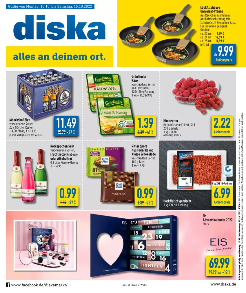 Aktueller Prospekt Diska - Prospekte - von 04.10 bis 08.10.2022 - strona 1 - produkty: Adventskalender, aktionspreis, alkohol, angebot, angebote, beere, beeren, bier, Clin, deka, ecco, eis, flasche, fleisch, frucht, fruchtsecco, grünländer, hackfleisch, hackfleisch gemischt, himbeer, himbeere, himbeeren, kakao, Käse, mönchshof, nuss, pfanne, reis, ritter, ritter sport, rotkäppchen, Schal, Schale, schoko, schokolade, sekt, Sport, Ti