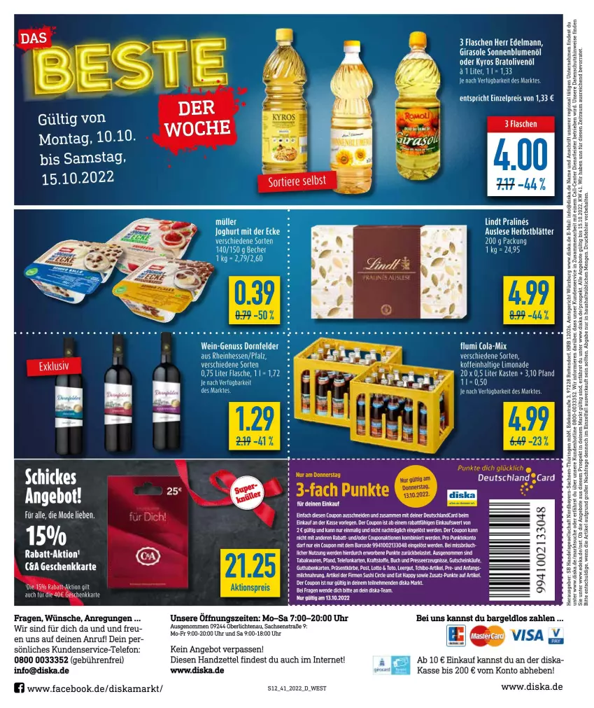 Aktueller Prospekt Diska - Prospekte - von 04.10 bis 08.10.2022 - strona 12 - produkty: angebot, angebote, Astra, blume, blumen, blumenöl, buch, cola, coupon, deka, dornfelder, eis, ente, erde, guthabenkarte, gutschein, kraft, limo, limonade, nuss, olive, oliven, olivenöl, reis, ring, sac, sonnenblume, sonnenblumen, sonnenblumenöl, Tchibo, tee, telefon, Ti, uhr, wein