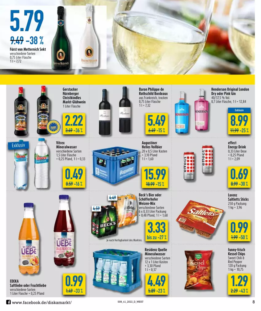 Aktueller Prospekt Diska - Prospekte - von 04.10 bis 08.10.2022 - strona 8 - produkty: Alwa, Berger, bier, chili, chips, deka, drink, Effect, elle, enders, energy drink, flasche, frucht, funny-frisch, fürst von metternich, gin, Glühwein, Kindle, lorenz, Mett, metternich, mineralwasser, nürnberger, saft, saltletts, schöfferhofer, sekt, Ti, vitrex, wasser, wein