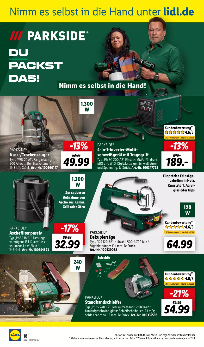 Aktueller Prospekt Lidl - Aktuelle Onlineshop-Highlights - von 01.09 bis 30.09.2023 - strona 18 - produkty: Bandschleifer, Behälter, Draht, eis, grill, Holz, Kamin, LG, ndk, Ofen, Parkside, säge, Ti, tisch, tragegriff, Trockensauger, ZTE