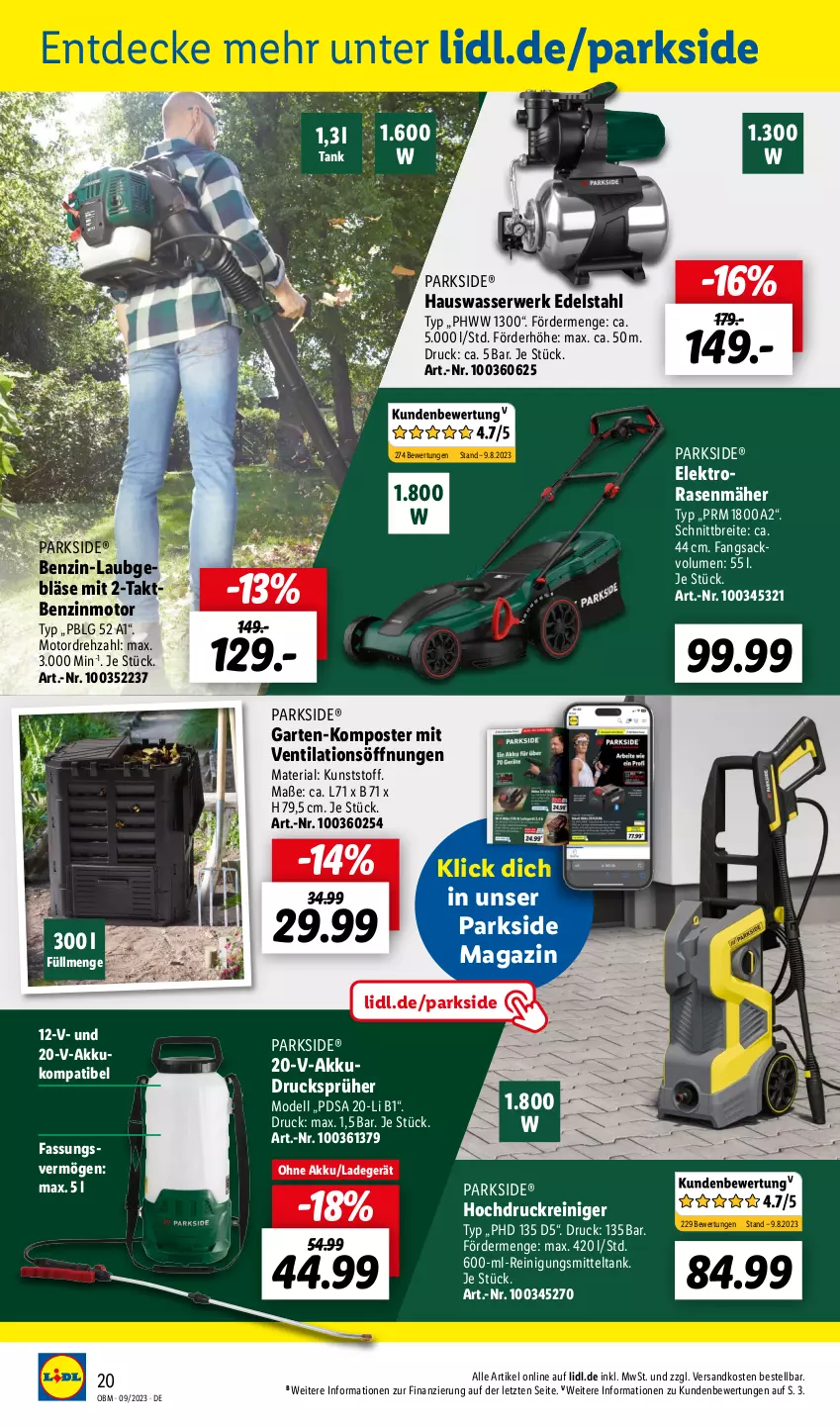 Aktueller Prospekt Lidl - Aktuelle Onlineshop-Highlights - von 01.09 bis 30.09.2023 - strona 20 - produkty: akku, Brei, decke, dell, edelstahl, Elektro, Garten, hochdruckreiniger, Komposter, ladegerät, LG, magazin, Mode, ndk, Parkside, rasen, rasenmäher, reiniger, Reinigung, Reinigungsmittel, Ria, rwe, sac, Ti, wasser, ZTE