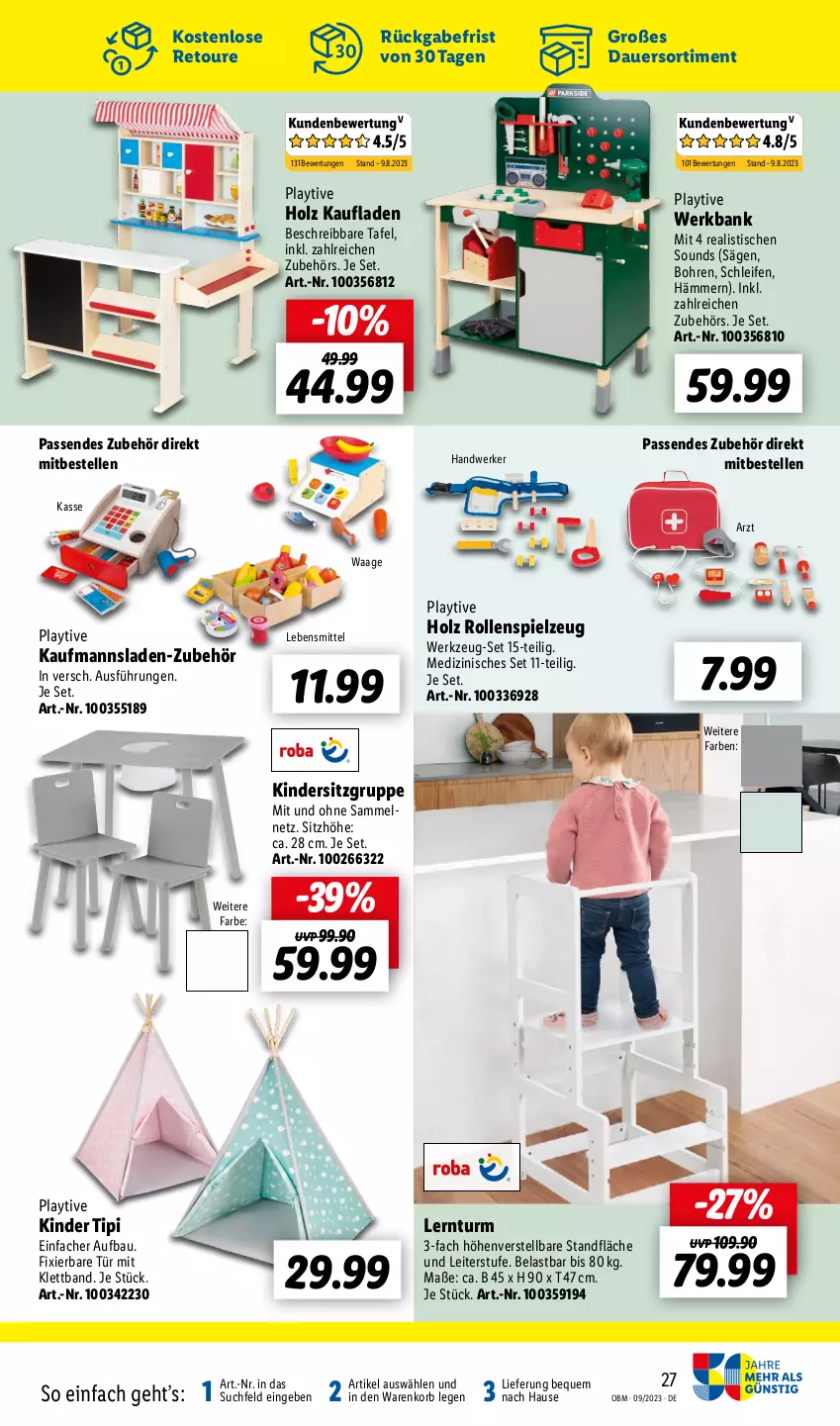 Aktueller Prospekt Lidl - Aktuelle Onlineshop-Highlights - von 01.09 bis 30.09.2023 - strona 27 - produkty: auer, Bank, Bau, elle, Holz, Kaufmanns, Kinder, Kindersitz, korb, lebensmittel, säge, Sitzhöhe, spielzeug, Ti, Tipi, tisch, Waage, werkzeug