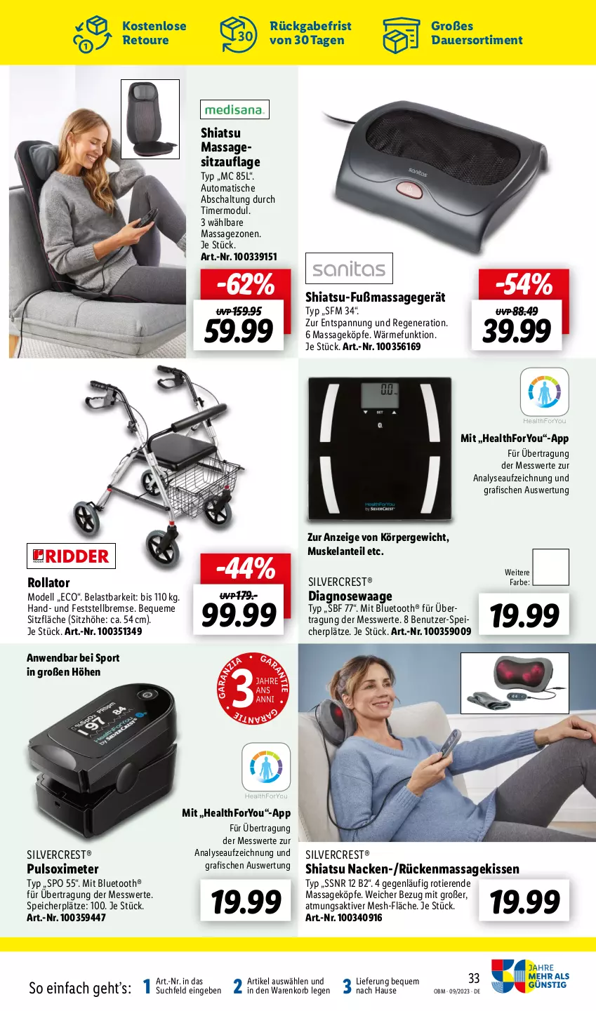 Aktueller Prospekt Lidl - Aktuelle Onlineshop-Highlights - von 01.09 bis 30.09.2023 - strona 33 - produkty: auer, auto, dell, Elan, fisch, fische, kissen, korb, Massagegerät, Mode, Schal, silvercrest, Sitzauflage, Sitzhöhe, Sport, Ti, Tiere, timer, tisch, Waage, Yo