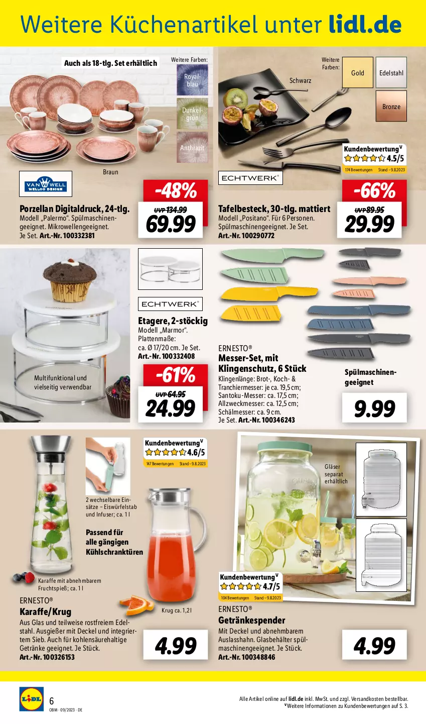 Aktueller Prospekt Lidl - Aktuelle Onlineshop-Highlights - von 01.09 bis 30.09.2023 - strona 6 - produkty: Behälter, besteck, braun, brot, decke, Deckel, dell, edelstahl, eis, eiswürfel, elle, ernesto, Etagere, frucht, getränk, getränke, Gläser, Karaffe, küche, Küchen, kühlschrank, latte, LG, messer, mikrowelle, Mode, ndk, passend für alle, rwe, Schrank, spülmaschinen, Ti, weck, würfel