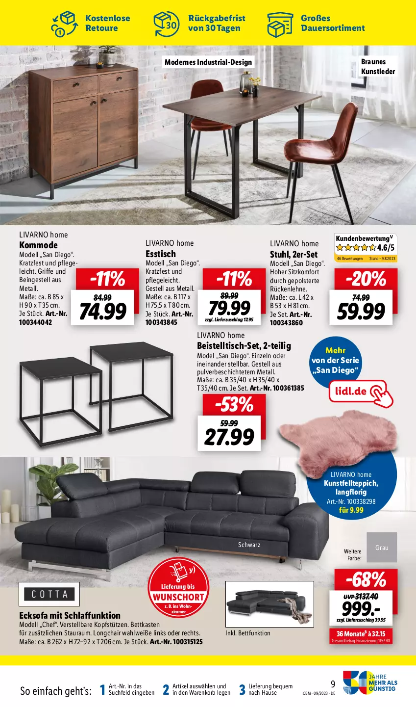 Aktueller Prospekt Lidl - Aktuelle Onlineshop-Highlights - von 01.09 bis 30.09.2023 - strona 9 - produkty: auer, beistelltisch, bett, bettkasten, braun, dell, eis, esstisch, kommode, kopfstütze, korb, Mode, Ria, rückenlehne, Sofa, stuhl, teppich, Ti, tisch