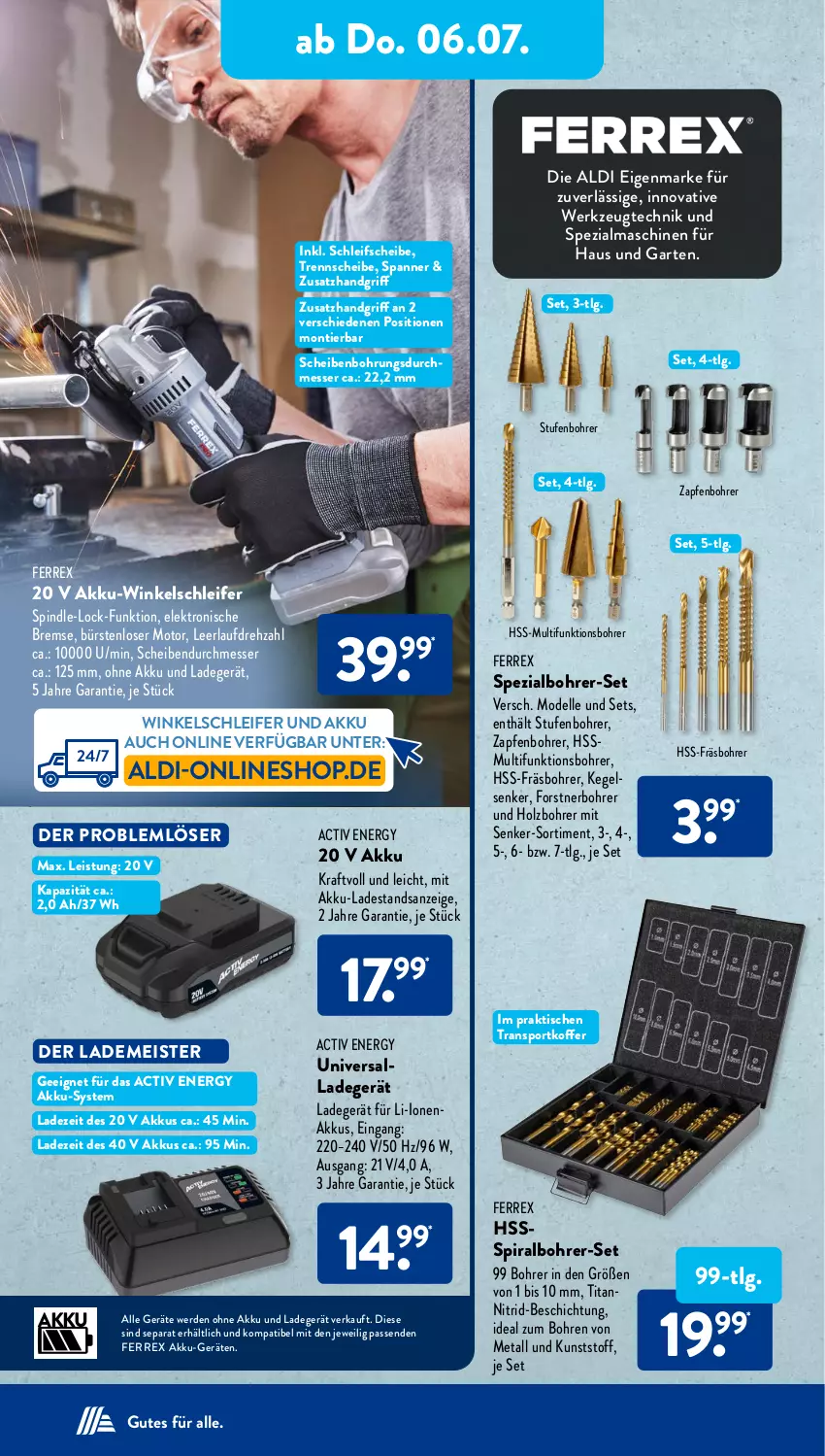 Aktueller Prospekt AldiSud - NÄCHSTE WOCHE - von 03.07 bis 08.07.2023 - strona 20 - produkty: akku, Akku-Winkelschleifer, aldi, Bohrer-Set, bürste, bürsten, dell, eis, Elektro, elle, erde, ferrex, Garten, Holz, koffer, kraft, ladegerät, LG, Meister, messer, Mode, ohne akku und ladegerät, Spezi, Sport, Ti, tisch, werkzeug, Winkelschleifer