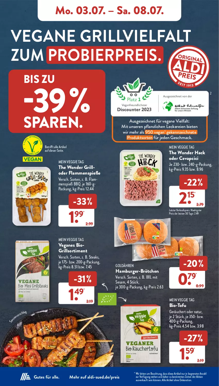 Aktueller Prospekt AldiSud - NÄCHSTE WOCHE - von 03.07 bis 08.07.2023 - strona 8 - produkty: aldi, alle artikel ohne dekoration, bier, bio, brötchen, burger, cevapcici, dekoration, eis, grill, grillo, hamburger, lamm, mac, natur, reis, sesam, steak, steaks, Ti, Tofu, veggie, ZTE