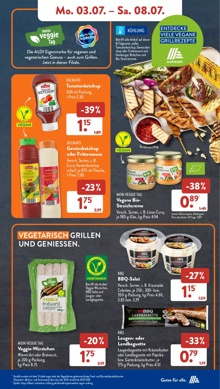 Aktueller Prospekt AldiSud - NÄCHSTE WOCHE - von 03.07 bis 08.07.2023 - strona 9 - produkty: aldi, baguette, bio, blume, bratwurst, brötchen, burger, butter, Coleslaw, creme, curry, decke, eis, elle, flasche, Garten, gewürz, gewürzketchup, grill, hamburger, ketchup, kosmetik, Kraut, kräuter, kräuterbutter, krautsalat, LG, mit paprika, nuss, paprika, reis, rezept, rezepte, salat, sauce, Ti, tomate, tomaten, tomatenketchup, Vegeta, veggie, wiener, wurst, würstchen, ZTE