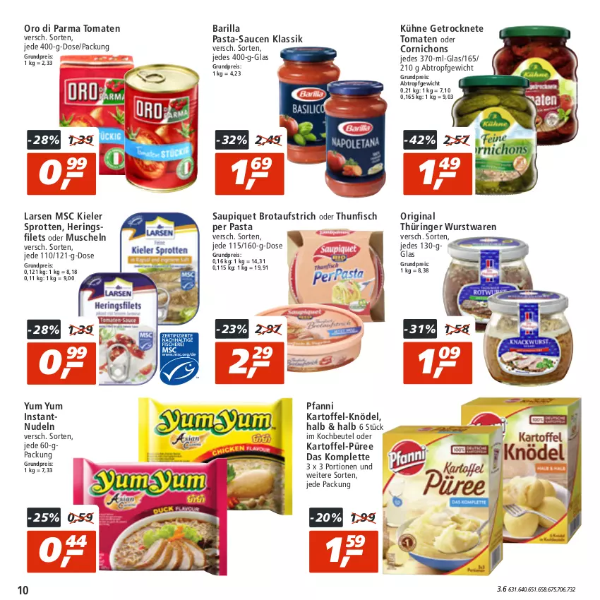 Aktueller Prospekt Real - von 01.08 bis 06.08.2022 - strona 10 - produkty: aufstrich, barilla, beutel, brot, brotaufstrich, eis, filet, filets, fisch, Getrocknete Tomaten, gin, hering, Herings, heringsfilets, kartoffel, Knödel, kochbeutel, Kühne, Muscheln, nudel, nudeln, original thüringer, oro di parma, pasta, pasta-sauce, pfanni, püree, reis, ring, sauce, saucen, saupiquet, Sprotten, thunfisch, Ti, tomate, tomaten, wurst, Yum Yum