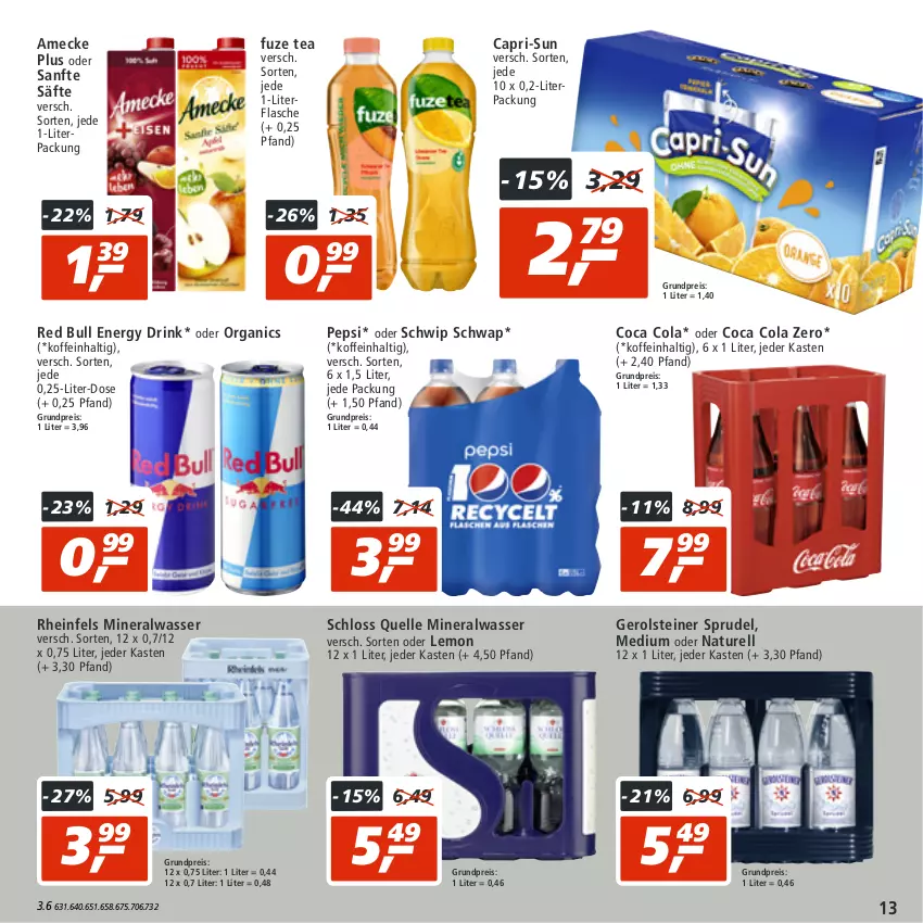 Aktueller Prospekt Real - von 01.08 bis 06.08.2022 - strona 13 - produkty: Alwa, amecke, Cap, capri-sun, cola, drink, eis, elle, energy drink, flasche, fuze tea, gerolsteine, gerolsteiner, mineralwasser, natur, pepsi, red bull, reis, rel, säfte, Schwip Schwap, Sprudel, steiner, Ti, wasser