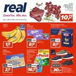 Gazetka promocyjna Real - Gazetka - ważna od 06.08 do 06.08.2022 - strona 1 - produkty: banane, bananen, barilla, braten, butter, chiquita, dell, eis, flasche, gulasch, hartweizen, herren-sneaker, italienische pasta, Kugel, meggle, milka, milka schokolade, Mode, natur, oder rindergulasch, pasta, persil, persil waschmittel, reis, rind, rinder, rinderbraten, rindergulasch, Rinderroulade, rinderrouladen, rouladen, Schal, Schale, schoko, schokolade, sneaker, Ti, waschmittel