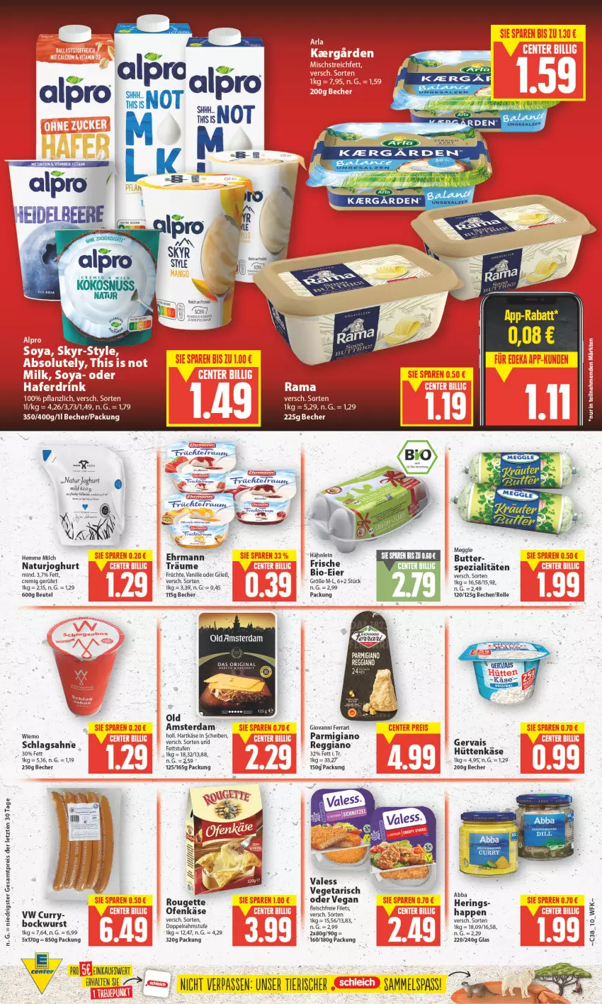 Aktueller Prospekt Edeka - Angebote der Woche - von 18.09 bis 23.09.2023 - strona 10 - produkty: Abba, alpro, Becher, bio, bockwurst, butter, curry, doppelrahmstufe, ehrmann, eier, eis, filet, filets, fleisch, früchte, gervais, hartkäse, hering, Herings, joghur, joghurt, Käse, maracuja, meggle, natur, naturjoghurt, Ofen, Ofenkäse, parmigiano, parmigiano reggiano, pfirsich, reggiano, reis, rel, ring, rouge, rougette, sahne, schlagsahne, Spezi, Ti, vanille, Vegeta, wurst, ZTE