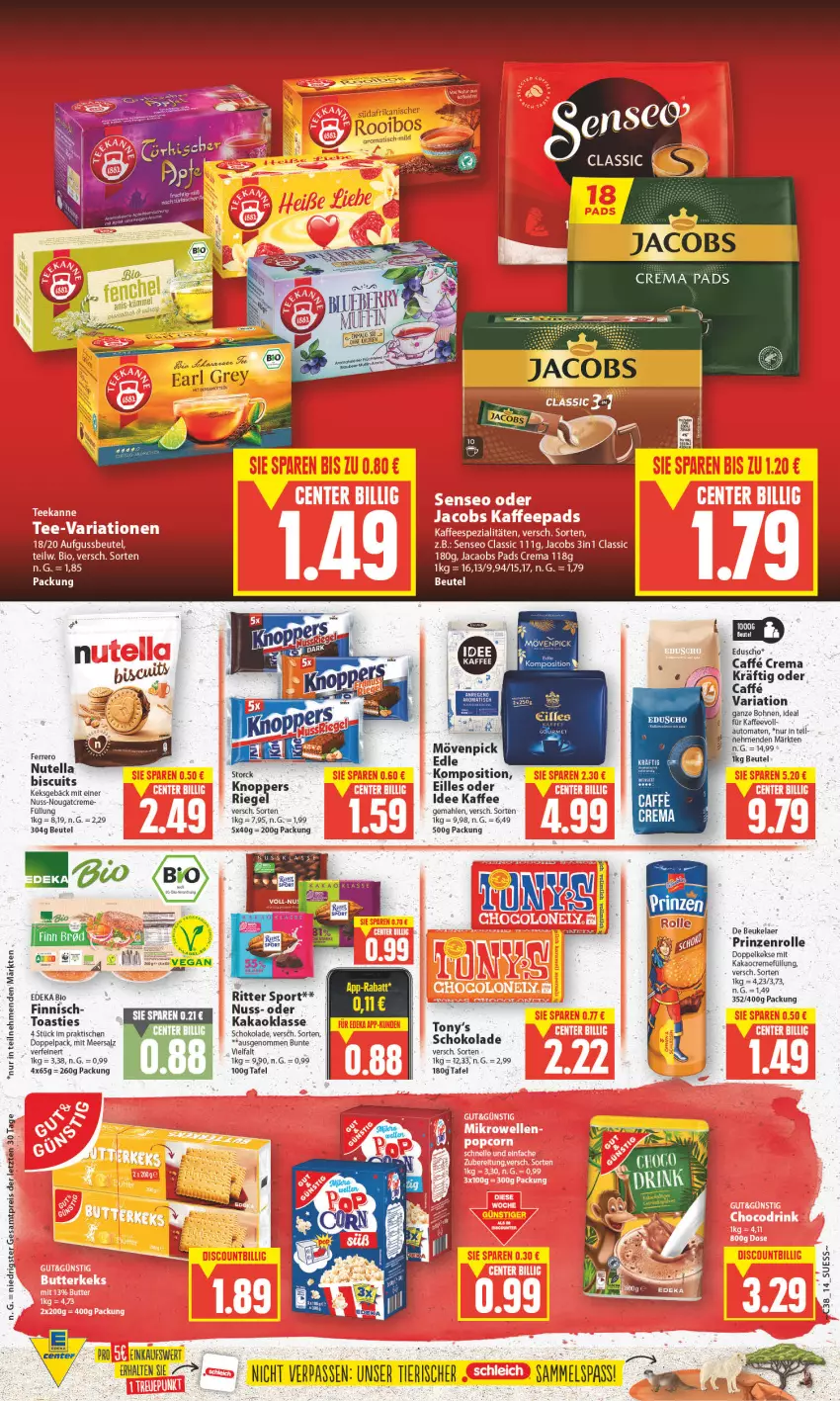 Aktueller Prospekt Edeka - Angebote der Woche - von 18.09 bis 23.09.2023 - strona 14 - produkty: asti, auto, Bergamotte, beutel, bio, bohne, bohnen, caffe, crema pads, creme, de beukelaer, deka, Doppelkekse, edeka bio, eduscho, eis, ferrero, jacobs, Jacobs Crema, kaffee, kakao, keks, kekse, knoppers, meersalz, mövenpick, Nougatcreme, nuss, prinzenrolle, reis, Ria, ritter, ritter sport, salz, schoko, schokolade, Sport, storck, Ti, tisch, toast, tomate, tomaten, ZTE