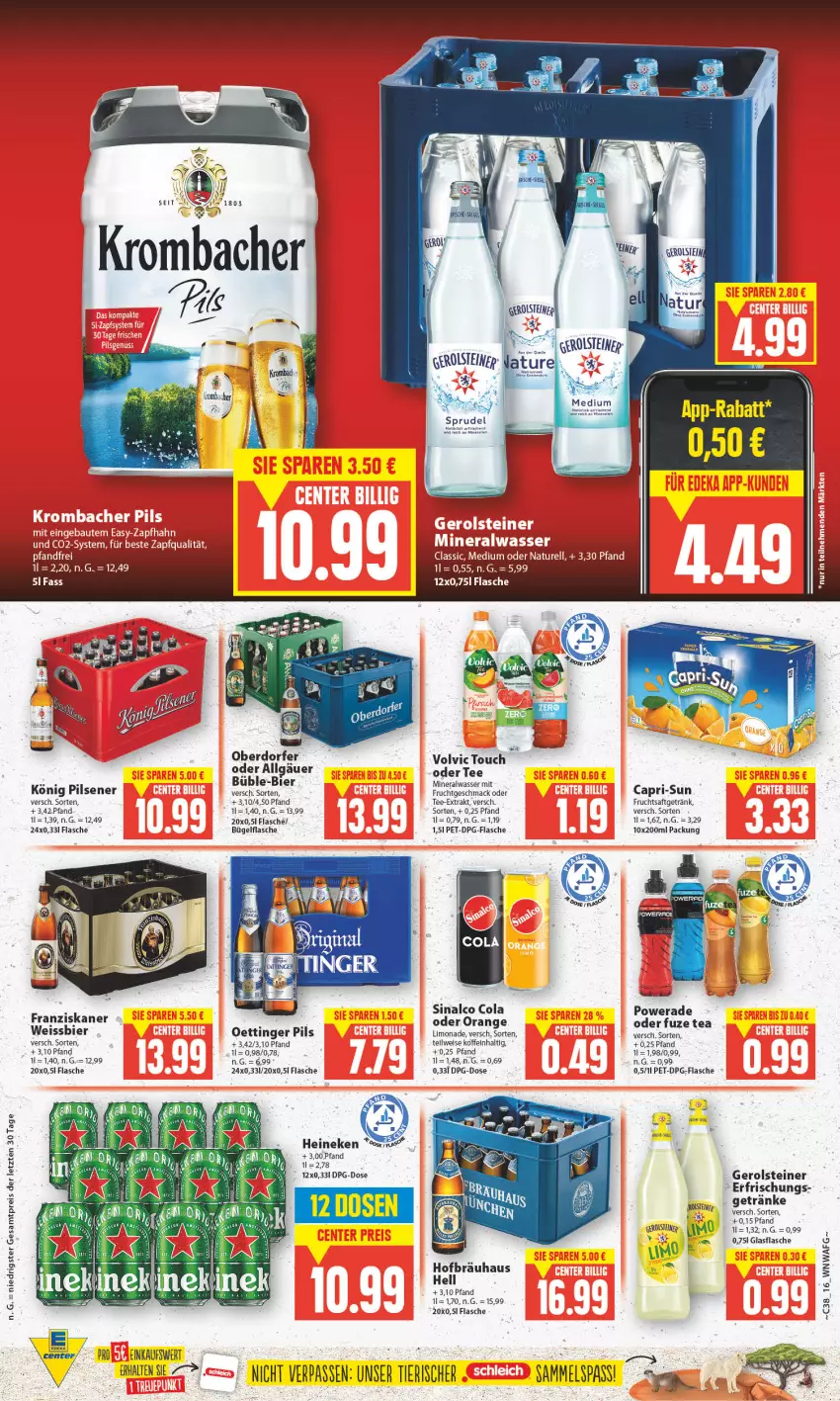 Aktueller Prospekt Edeka - Angebote der Woche - von 18.09 bis 23.09.2023 - strona 16 - produkty: Alwa, bier, bügel, bügelflasche, cola, eis, flasche, frucht, fruchtsaft, fruchtsaftgetränk, fuze tea, gerolsteine, gerolsteiner, getränk, getränke, glasflasche, heineken, krombache, krombacher, LG, limo, limonade, mac, mineralwasser, natur, oettinger, orange, pils, reis, rel, saft, sinalco, steiner, tee, Ti, volvic, wasser, weissbier, ZTE