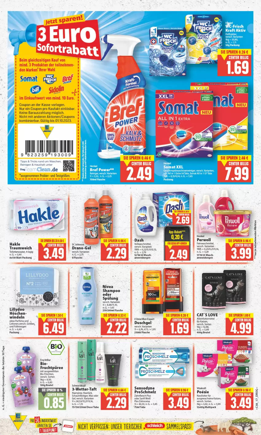 Aktueller Prospekt Edeka - Angebote der Woche - von 18.09 bis 23.09.2023 - strona 17 - produkty: alleinfuttermittel, arla, beutel, bier, bio, Bref, bref power, coupon, coupons, eis, elle, flasche, fleisch, frucht, früchte, früchten, geschirr, Haarlack, haarspray, hakle, henkel, kraft, lack, Lotion, maschinenreiniger, nassfutter, nivea, perwoll, püree, reiniger, reis, Ria, schaumfestiger, schwarzkop, schwarzkopf, sensodyne, shampoo, somat, spülmaschinen, spülung, Taft, Ti, vita, vitakraft, ZTE