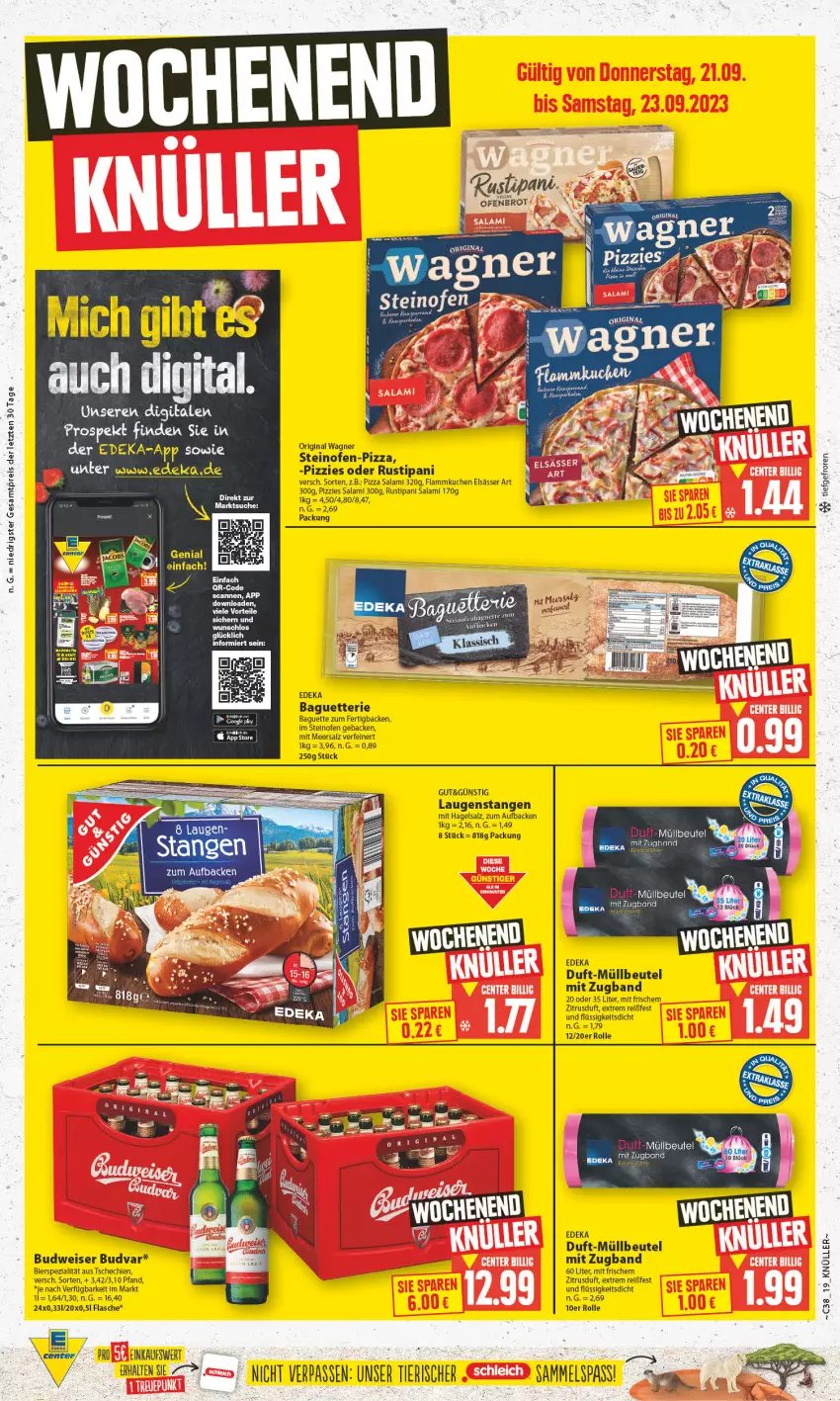 Aktueller Prospekt Edeka - Angebote der Woche - von 18.09 bis 23.09.2023 - strona 19 - produkty: baguette, beutel, bier, brot, budweiser, deka, eis, elle, elsässer art, flammkuchen, flasche, geback, gin, kuchen, lamm, Laugenstange, LG, meersalz, müllbeutel, Ofen, original wagner, pizza, reis, rustipani, salami, salz, slip, steinofen, Ti, wagner, ZTE