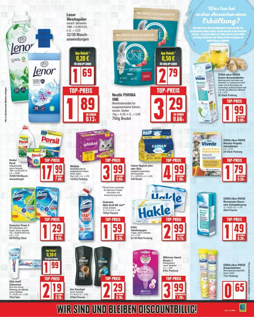 Aktueller Prospekt Edeka - Prospekte - von 28.10 bis 02.11.2024 - strona 15 - produkty: alleinfuttermittel, beutel, brause, Brausetabletten, catsan, deka, discount, domestos, duschgel, elkos, flasche, kraft, lenor, Meerwasser, nuk, papier, Propolis, purina, Rauch, Ria, rwe, tablet, tablett, Tablette, Ti, toilettenpapier, wasser, wc-gel, weichspüler, wilkinson