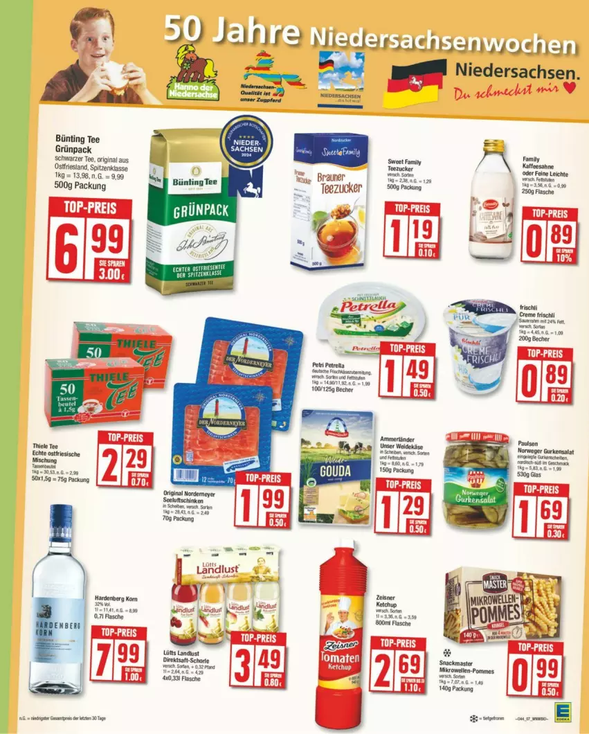 Aktueller Prospekt Edeka - Prospekte - von 28.10 bis 02.11.2024 - strona 7 - produkty: Becher, braun, bünting tee, creme, direktsaft, eis, elle, flasche, frischli, gin, gurke, gurken, gurkensalat, kaffee, korn, mikrowelle, pommes, reis, rwe, sac, saft, sahne, salat, schinken, schwarzer tee, snack, Sweet Family, tee, Ti, top-preis, zucker