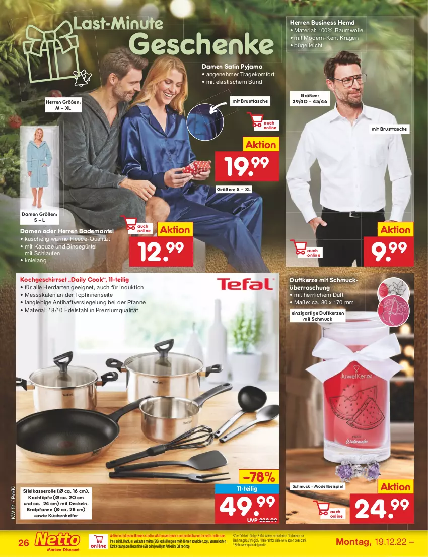 Aktueller Prospekt Netto Marken-Discount - Filial-Angebote - von 19.12 bis 24.12.2022 - strona 26 - produkty: asti, Bad, Bademantel, Bau, baumwolle, bratpfanne, bügel, decke, Deckel, dell, Duftkerze, edelstahl, eis, Elan, elle, epson, geschirr, hemd, herdarten, kerze, küche, Küchen, Küchenhelfer, Laufen, Mantel, Mode, ndk, pfanne, Pyjama, reis, Ria, Schmuck, stielkasserolle, Tasche, telefon, Ti, tisch, topf, wolle