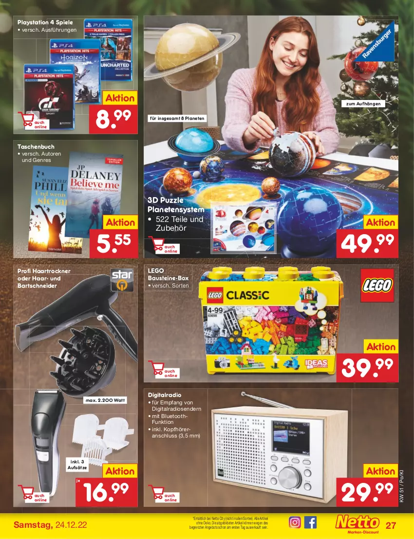 Aktueller Prospekt Netto Marken-Discount - Filial-Angebote - von 19.12 bis 24.12.2022 - strona 27 - produkty: angebot, aust, auto, bartschneider, Bau, buch, haartrockner, kopfhörer, lays, PlayStation, PlayStation 4, Puzzle, Radio, Spiele, Tasche, taschen, Taschenbuch, Ti, Trockner, ZTE