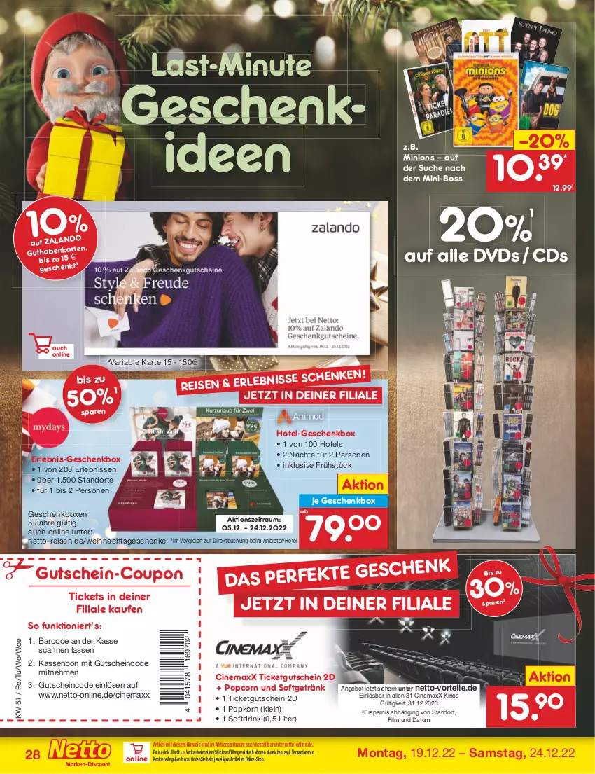 Aktueller Prospekt Netto Marken-Discount - Filial-Angebote - von 19.12 bis 24.12.2022 - strona 28 - produkty: angebot, boss, buch, cin, coupon, drink, dvd, eis, Geschenkbox, getränk, gin, gutschein, korn, ndk, popcorn, reis, Ria, Ti