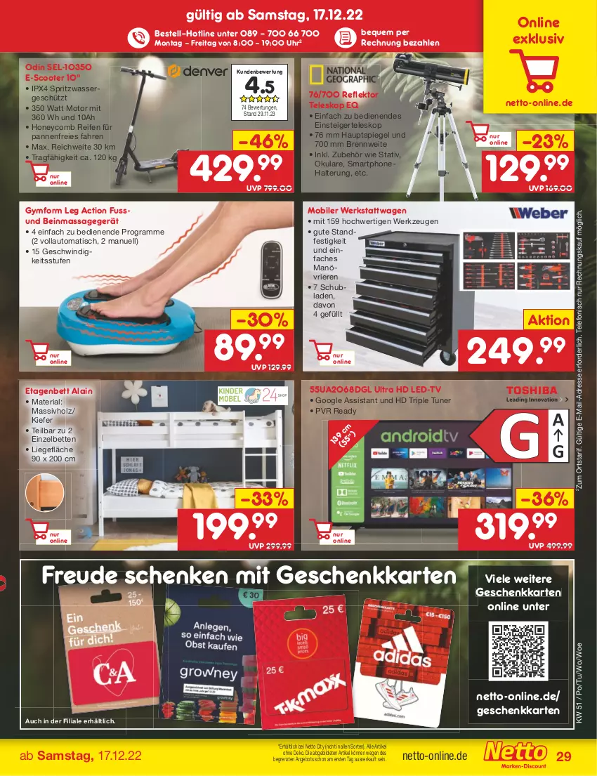 Aktueller Prospekt Netto Marken-Discount - Filial-Angebote - von 19.12 bis 24.12.2022 - strona 29 - produkty: angebot, auto, bett, Betten, Etagenbett, hd triple tuner, Holz, Liege, Massagegerät, massivholz, reifen, Ria, schubladen, scooter, smartphone, spiegel, telefon, Teleskop, Ti, tisch, tuner, uhr, wasser, werkzeug, werkzeuge, ZTE