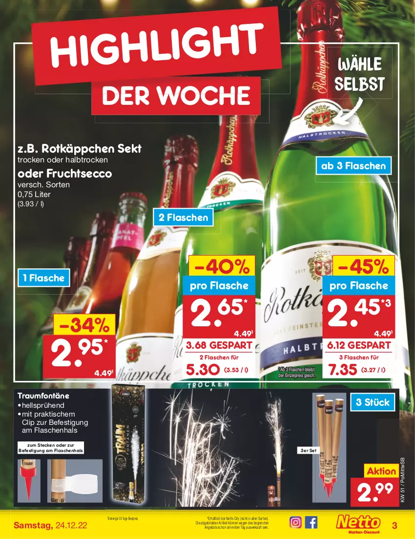 Aktueller Prospekt Netto Marken-Discount - Filial-Angebote - von 19.12 bis 24.12.2022 - strona 3 - produkty: angebot, bestpreis, ecco, eis, flasche, frucht, fruchtsecco, reis, rotkäppchen, sekt, Ti, tisch, ZTE