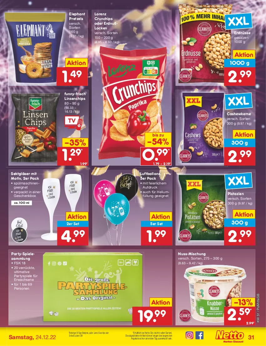 Aktueller Prospekt Netto Marken-Discount - Filial-Angebote - von 19.12 bis 24.12.2022 - strona 31 - produkty: angebot, ball, bestpreis, Cashew, cashewkerne, chips, crunchips, eier, eis, erdnüsse, funny-frisch, Geschenkbox, Gläser, linsen, lorenz, lorenz crunchips, Luftballon, nuss, pistazien, Pretzel, reis, salz, sekt, Spiele, spülmaschinen, Ti, ZTE