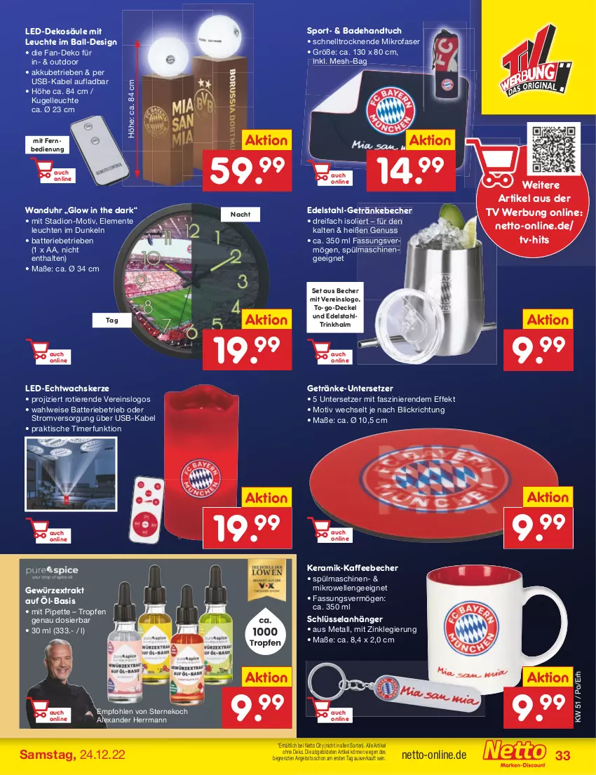 Aktueller Prospekt Netto Marken-Discount - Filial-Angebote - von 19.12 bis 24.12.2022 - strona 33 - produkty: akku, alexa, angebot, Anhänger, Bad, Badehandtuch, ball, batterie, Becher, decke, Deckel, edelstahl, eis, Elan, elle, ente, fernbedienung, getränk, getränke, gewürz, handtuch, kaffee, kaffeebecher, kerze, Kugel, Leuchte, leuchten, mikrofaser, mikrowelle, mit fernbedienung, nuss, Sport, spülmaschinen, Ti, Tiere, timer, tisch, tuc, uhr, Untersetzer, usb, wanduhr, ZTE