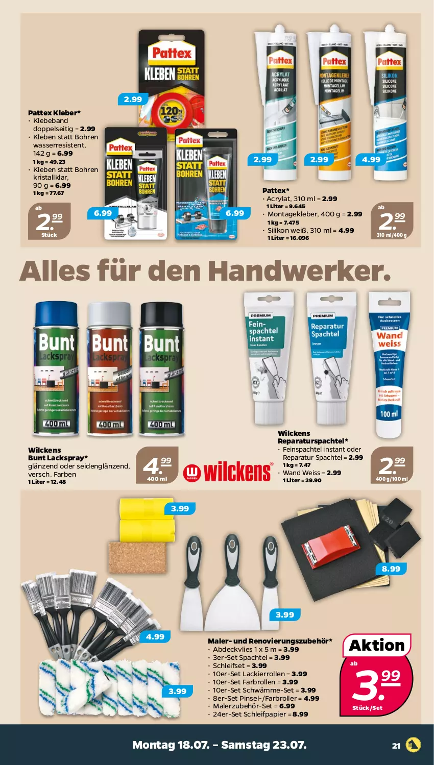 Aktueller Prospekt Netto - Woche 29 - von 18.07 bis 23.07.2022 - strona 21 - produkty: abdeckvlies, Beba, eis, Farbroller, kleber, lack, papier, pattex, Pinsel, Roller, Schleifpapier, spachtel, Ti, wasser